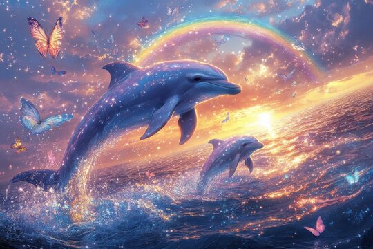 Two dolphins are swimming in the ocean with a rainbow in the background