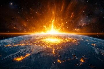 Powerful explosion illuminating planet earth with a bright orange light, seen from space