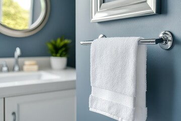 A white towel hangs on a towel rack in a bathroom
