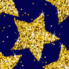 seamless pattern is made by gold sequins in the shape of a star on a blue background. Festive background design with shiny elements and highlights. stock vector illustration. EPS 10.