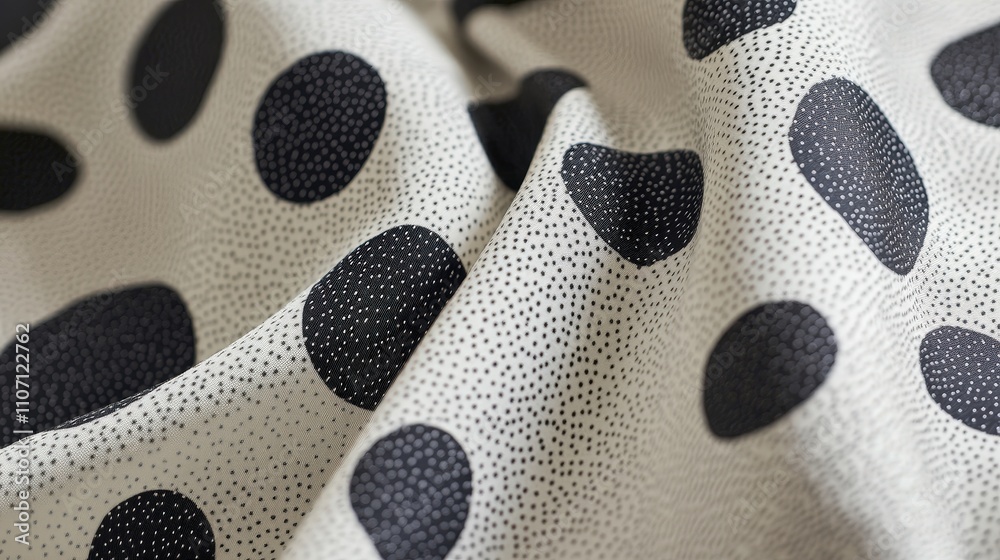 Poster a modern polka dot fabric pattern with irregularly placed dots in varying sizes, creating a dynamic 