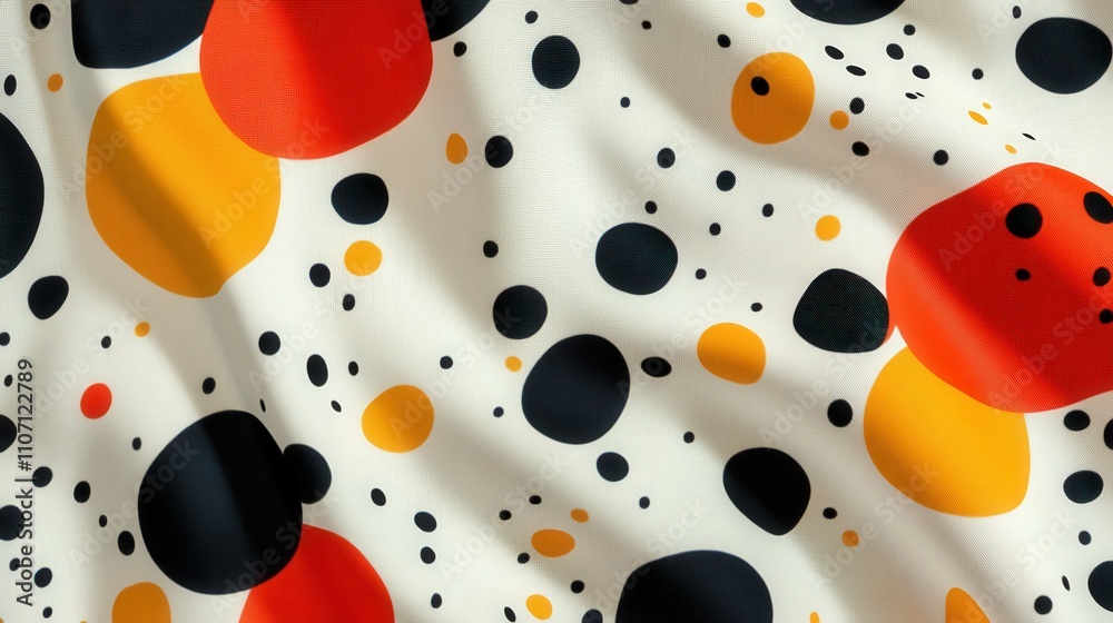 Poster a modern polka dot fabric pattern with irregularly placed dots in varying sizes, creating a dynamic 