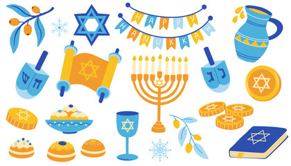 Happy Hanukkah holiday set. Symbols and attributes, menorah, sufganiyah doughnuts, olive branch, flying dove, dreidels. Flat vector illustrations isolated on white background