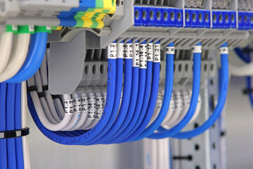 Electrical screw through terminals with connected insulated wires in an electrical switchboard.