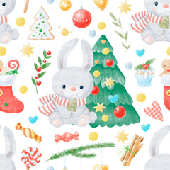 Watercolor Christmas seamless pattern winter background. Can be used for wrapping paper, textile, wallpaper, cards.