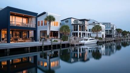 Obraz premium Modern waterfront homes reflecting in a calm canal with a luxury boat docked beside wooden piers lined with palm trees at sunset.