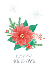 Christmas Watercolor Card Hand Drawn Poinsettia Bouquet