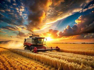 Obraz premium A dreamlike combine machine glides through golden wheat fields, embodying the harmony of agriculture with nature, creating a surreal tapestry of life and labor.