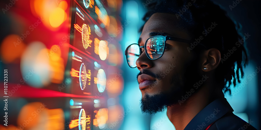 Poster a focused individual gazes at a digital display, reflecting on technology and innovation.