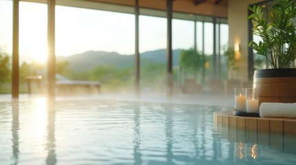 A tranquil spa scene featuring a steaming pool, candles, and a scenic view of mountains at sunrise, promoting relaxation and well-being.