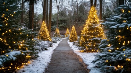 Fototapeta premium Winter Wonderland Pathway with Glowing Christmas Trees Illuminated by Warm Lights Surrounded by Snowy Landscape in a Tranquil Forest Setting