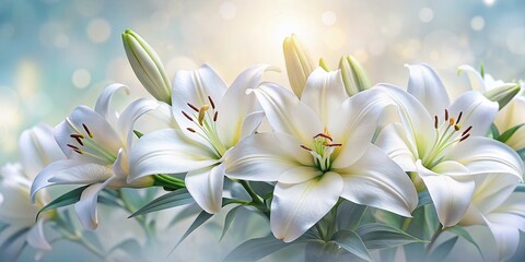 Aerial perspective of delicate white lilies in soft focus conveys a tranquil and emotional setting, ideal for mourning, funerals, and elegant tributes.