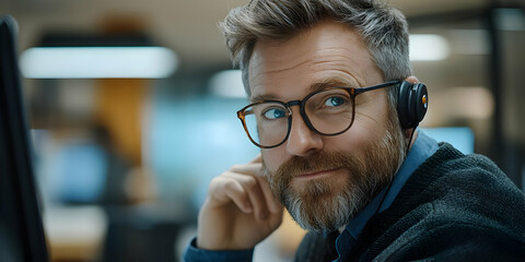 A man with headphones engages in a conversation at a modern office desk.