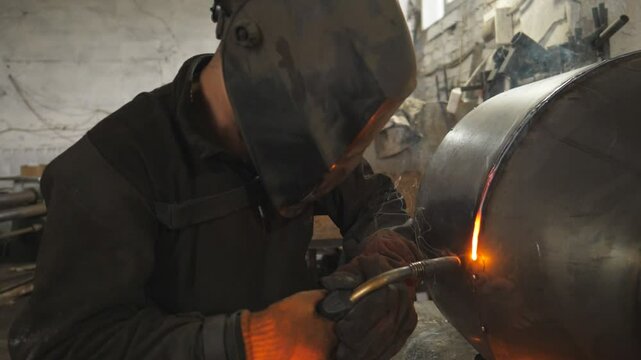Welder doing joint between two steel details. Man welding parts of the metal detail together. Worker in protective mask welding metal construction at metalworking factory. Slow motion Close up
