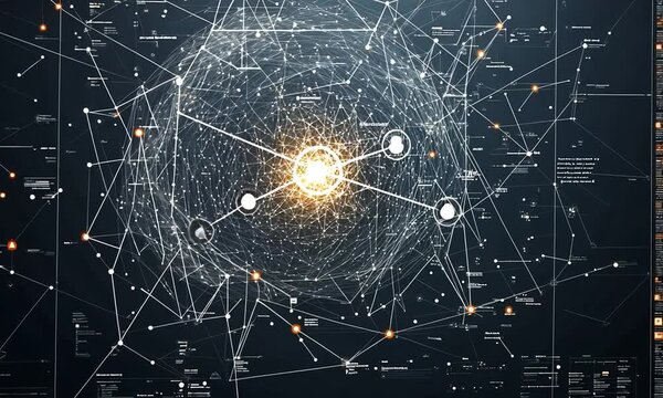A complex network visualization representing interconnected data points and relationships.