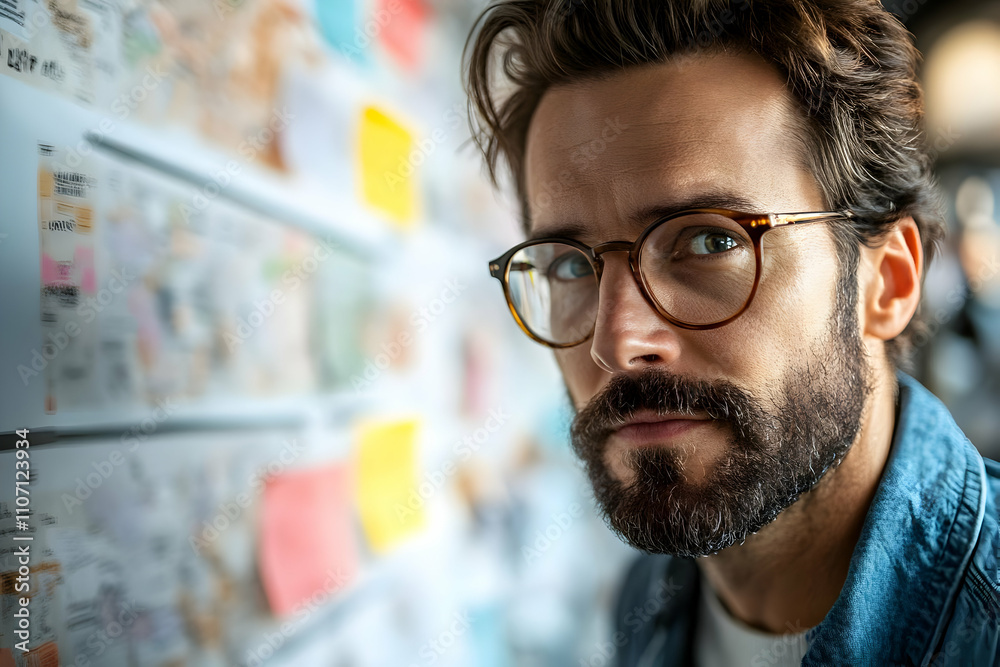 Poster a focused man with glasses examines a wall of notes and ideas in a creative workspace.
