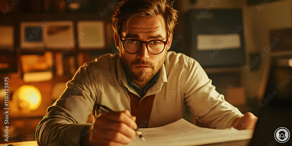 Poster a focused individual reviewing documents in a warm, illuminated workspace.