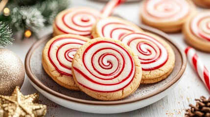Freshly baked peppermint swirl cookies in a candy cane theme, bright red and white stripes with a soft, chewy texture, perfect for holiday dessert ideas