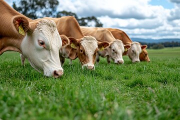 A group of brown and white cows grazing in a lush green field. The pastoral setting and relaxed environment capture the simplicity of farm life and connection to nature.
