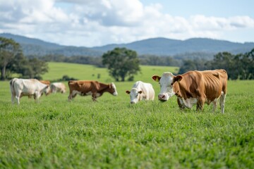 Fototapeta premium A group of brown and white cows grazing in a lush green field. The pastoral setting and relaxed environment capture the simplicity of farm life and connection to nature.