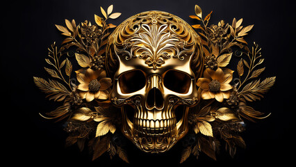 Gilded Skull with Gold Flowers and Leaves