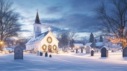 Serene Winter Scene Featuring a Church and Graveyard Under Soft Snowfall, Illuminated by Twinkling Lights and Surrounded by Trees in a Tranquil Community Setting