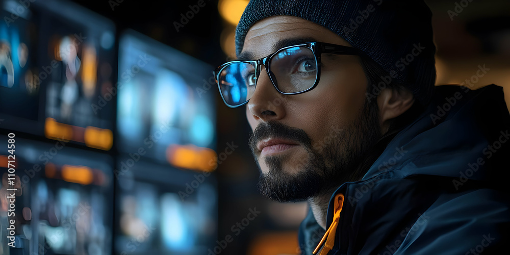 Poster A focused individual in glasses observes multiple screens in a tech environment.