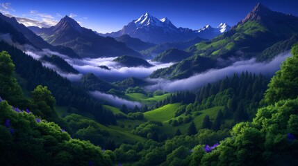 Fototapeta premium Majestic Mountain Valley with Lush Green Hills and Morning Fog