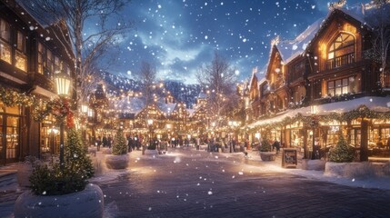 Fototapeta premium Magical Winter Village Under a Starry Sky with Snowfall and Festive Lights, Creating a Cozy Holiday Atmosphere for Families and Friends to Enjoy Together
