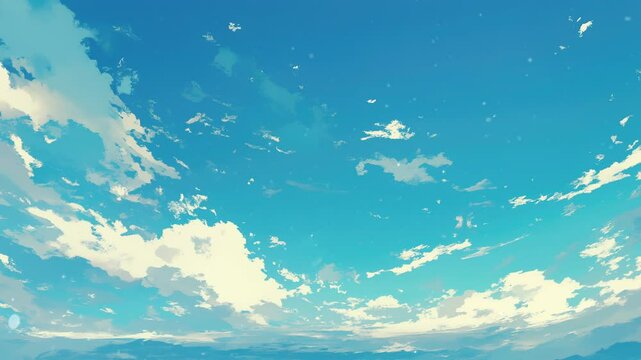 Gentle anime style clouds float across the sky, creating a breathtaking scene perfect for an anime wallpaper. Loop animation.