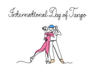 International Day of Tango. Holiday. Abstract couple man and woman, dancer dancing tango, continuous single line art drawing sketch, logo