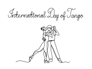 International Day of Tango. Holiday. Abstract couple man and woman, dancer dancing tango, continuous single line art drawing sketch, logo