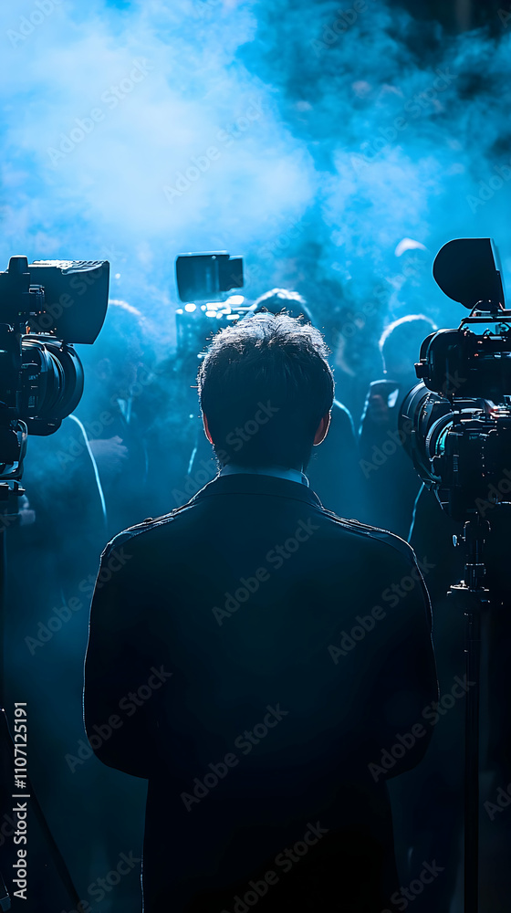 Poster a person stands before cameras in a smoky environment, suggesting a media or event setting.