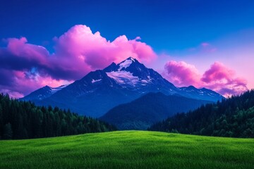Obraz premium Majestic Snow-Capped Mountain with Pink Clouds at Dusk