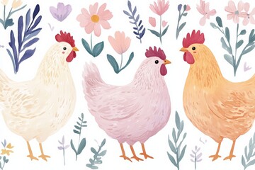 Illustration of three colorful chickens surrounded by flowers and leaves in a playful, whimsical style.