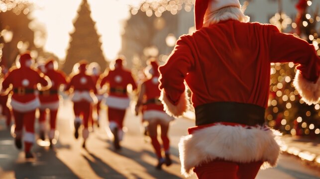 A group of people dressed as Santa Claus running in a festive city street, capturing the fun and excitement of a Santa run event surrounded by twinkling lights and holiday cheer.