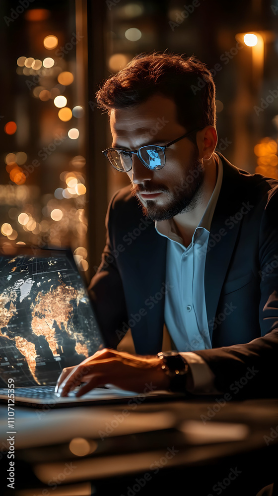 Poster A focused professional working on a laptop displaying a world map in a dimly lit environment.