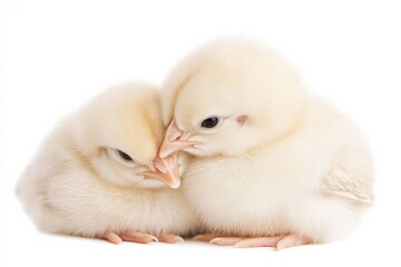 Two fluffy baby chicks resting together, cuddled up in close proximity.