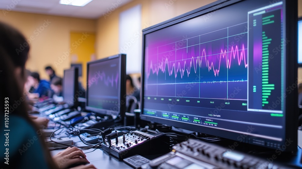Poster a physics classroom where students are using an oscilloscope to visualize sound waves.