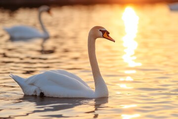 Fototapeta premium Two swans with their necks forming a heart shape at sunset on a calm lake.