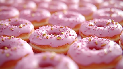 Pink glazed donuts with gold sprinkles in a close-up view.