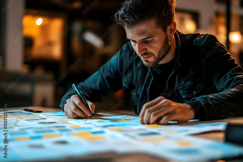 Poster a focused individual sketches and organizes ideas on papers in a dimly lit workspace.