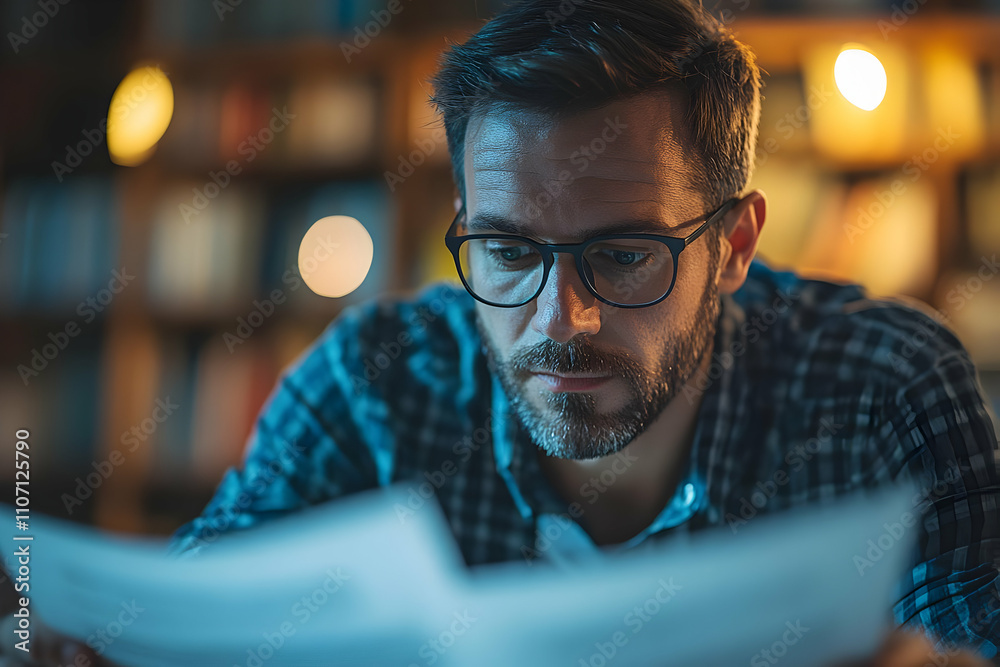 Poster a man reading documents intently in a cozy, dimly lit environment.