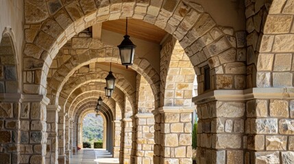 Fototapeta premium A glimpse at the handcrafted stone work around the buildings grand archways adding a sense of grandeur to the overall structure.