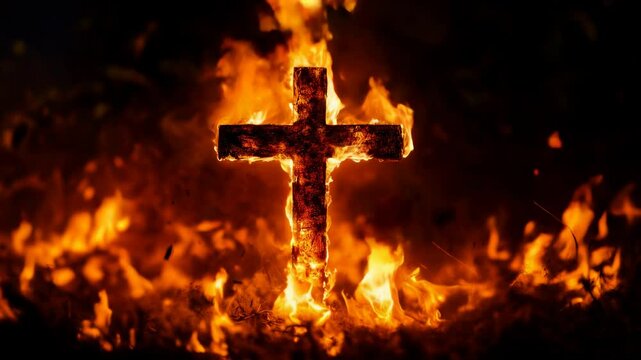Burning cross symbolizing hell in christianity a powerful image of faith and fire