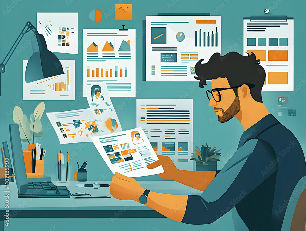 Aufkleber A man reviews reports and charts at a desk, surrounded by data visualizations on walls.