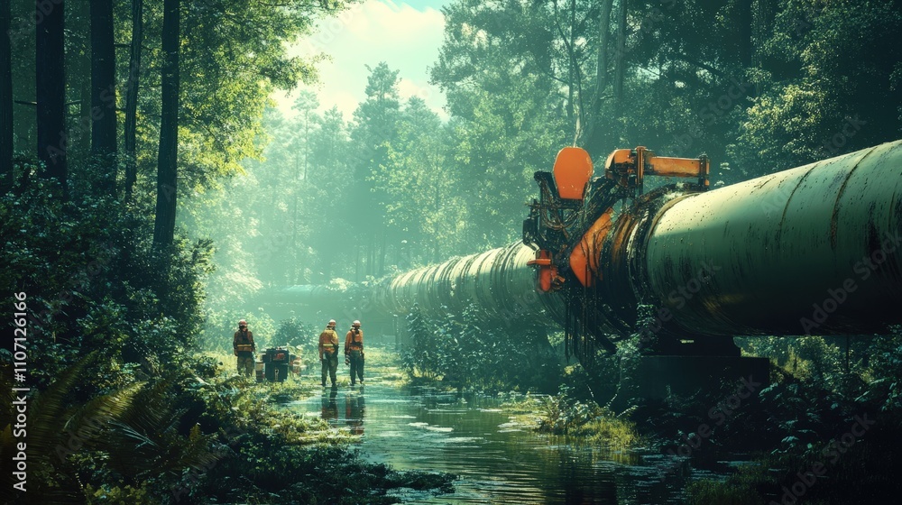 Poster a pipeline inspection crew works to check the condition of an oil pipeline running through a dense f