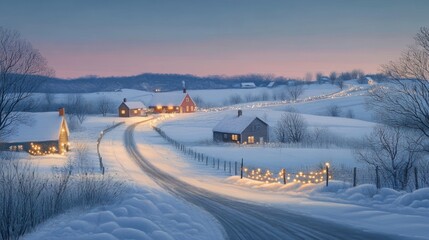 Serene Winter Village at Dusk with Snow-Covered Landscape, Twinkling Lights, and Gentle Curved Road Leading to Charming Houses Amidst Frosty Trees