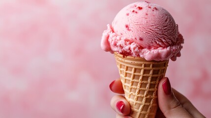 Pink strawberry ice cream cone held in hand.