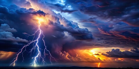 Fototapeta premium A mesmerizing lightning storm illuminates the night sky, showcasing nature's raw power and beauty. Experience atmospheric wonders as electric flashes dance across stormy weather.